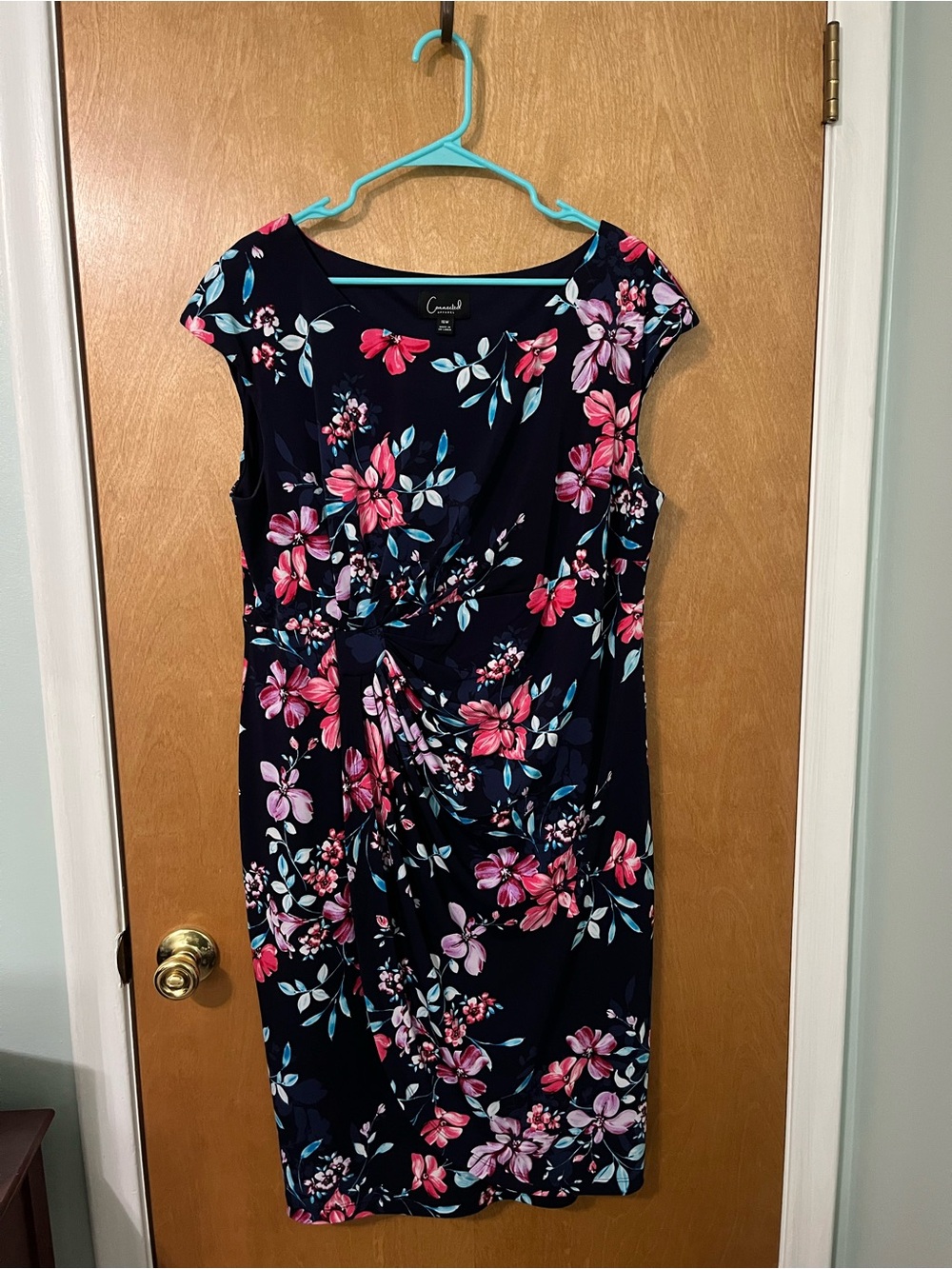 connected apparel Navy & Colorful Floral Faux-Wrap Knee-Length Dress | Size 16W